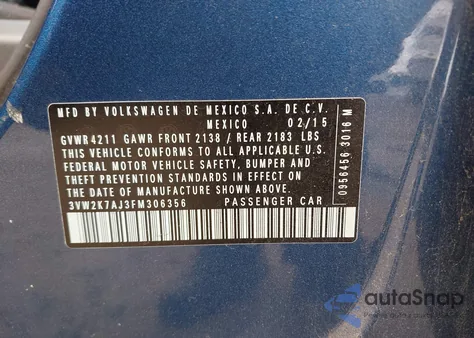 2015 Volkswagen Jetta 2.0L S z USA, uszkodzony, nr VIN 3VW2K7AJ3FM306356